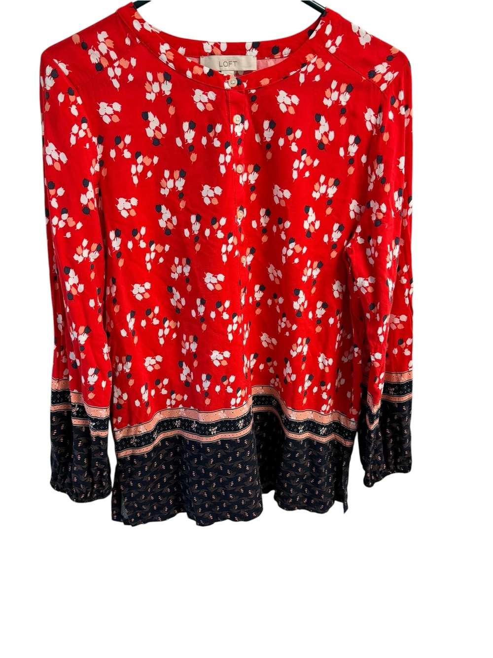 Red Floral Border-Print Women's Blouse Button Up On Top